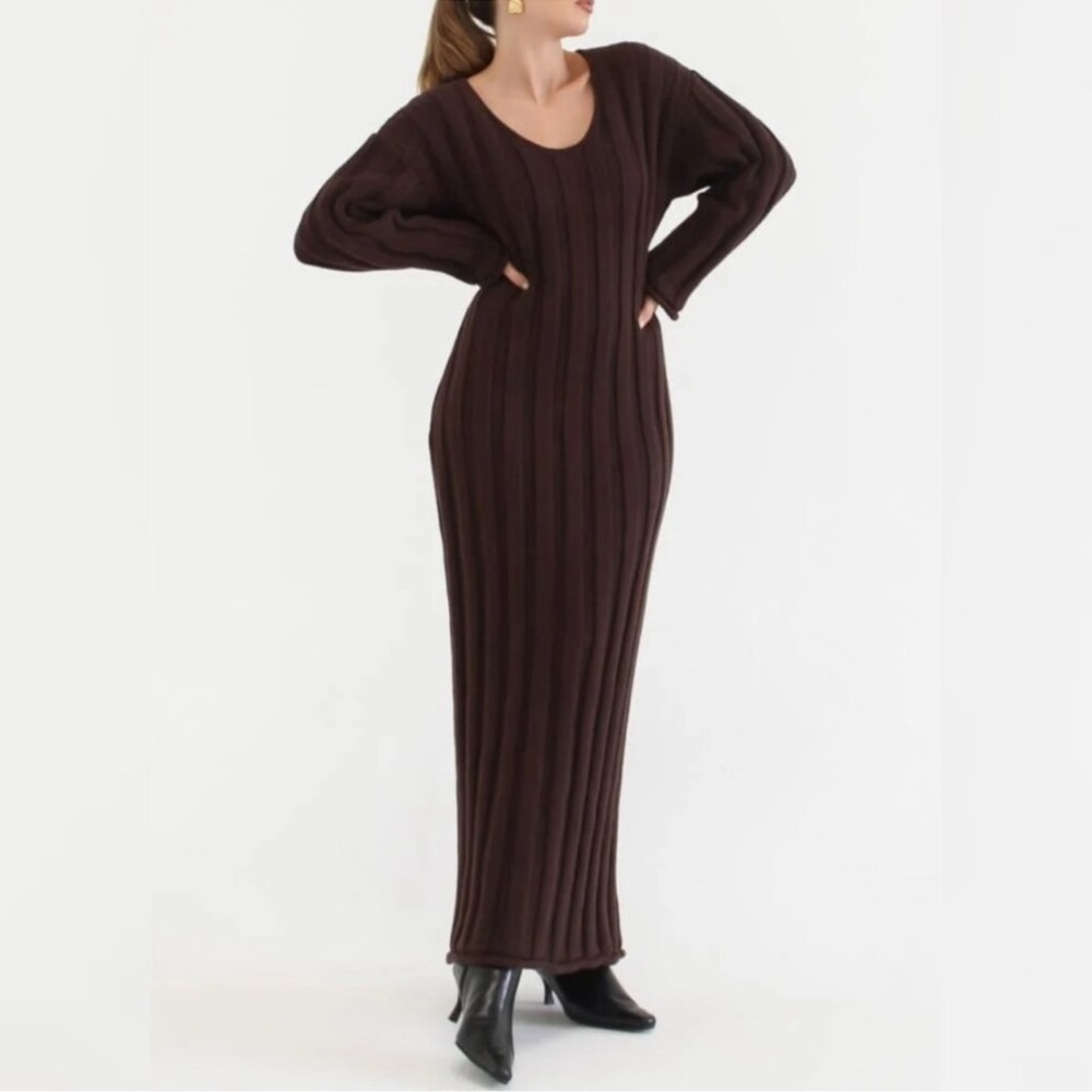 Rumored NWT Missoula Espresso Brown Ribbed Knit Maxi Sweater Dress
